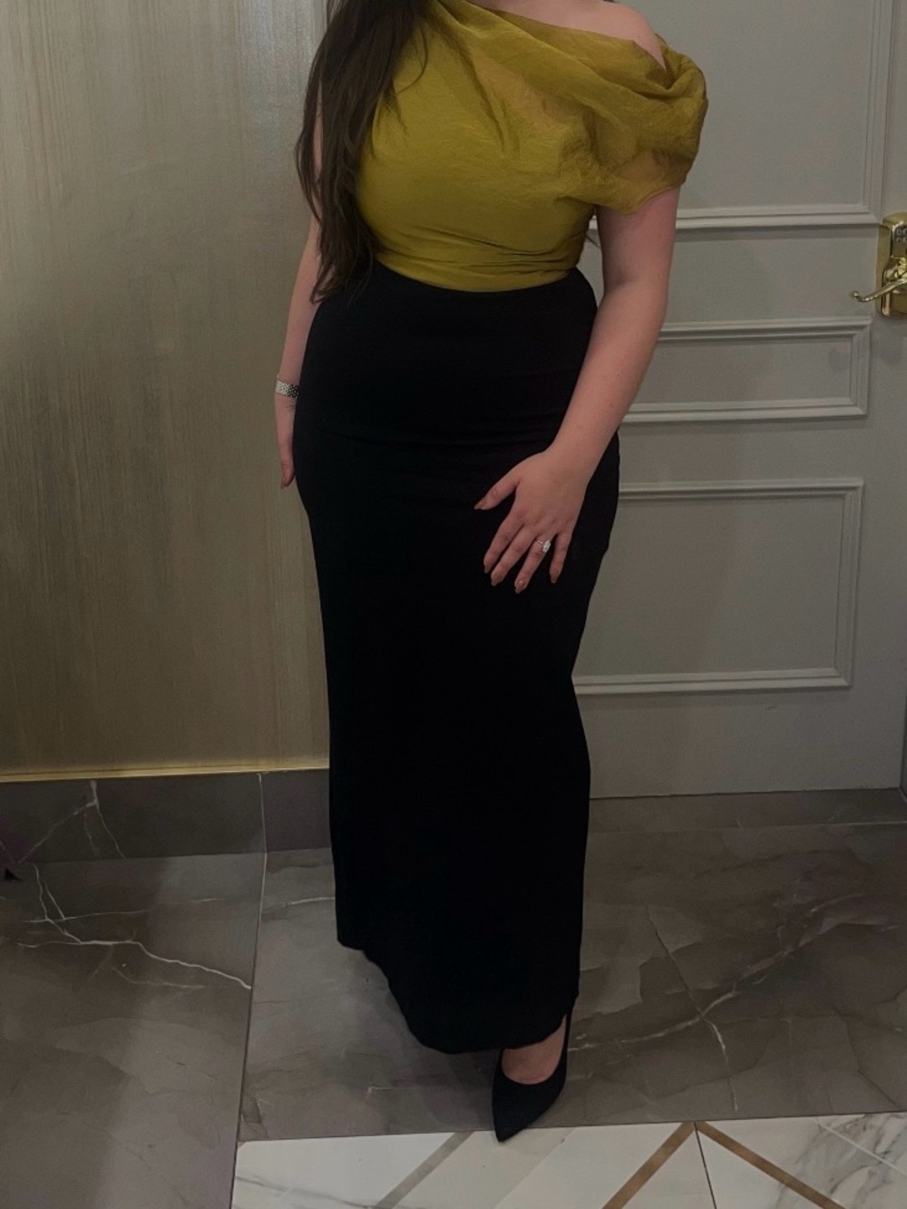STAUD Green and Black One-Shoulder Maxi Skirt